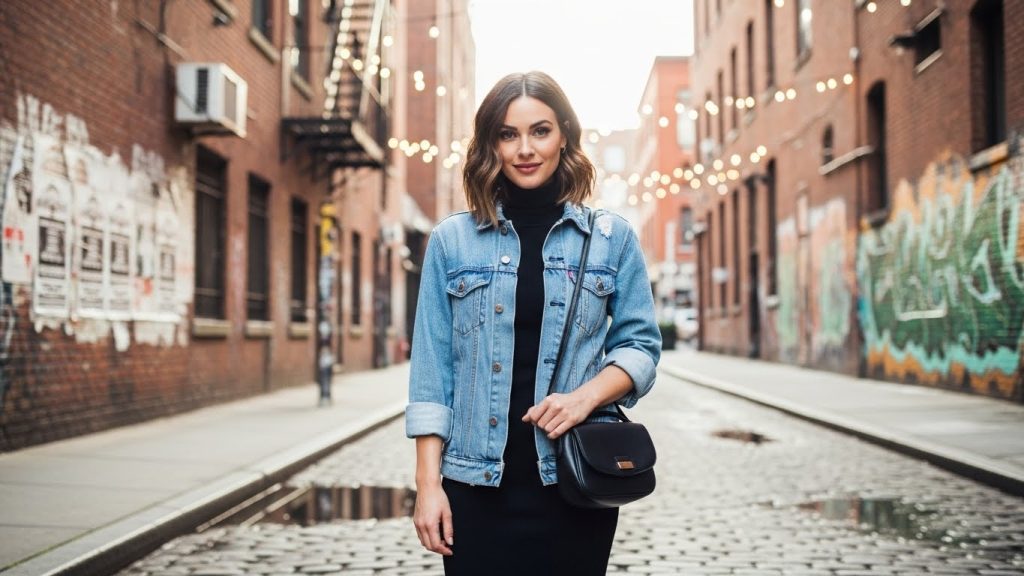 25 NYC Winter Outfits to Keep You Stylish & Cozy in 2026 24 Denim Jacket Turtleneck Dress
