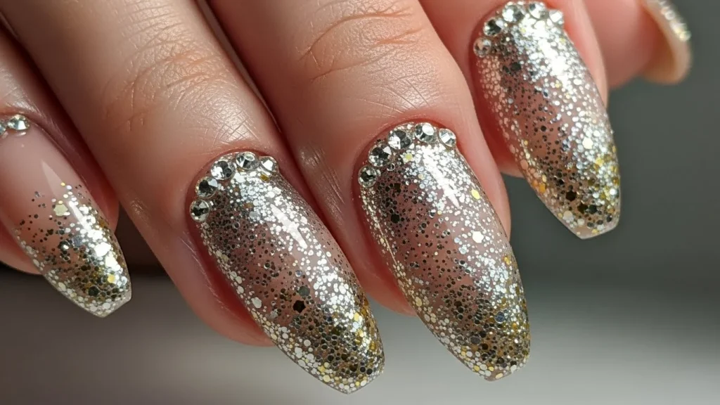 31 December Nail Ideas 2025: Trendy, Chic & Winter-Ready Designs 30 Glitter Gradient with Rhinestones