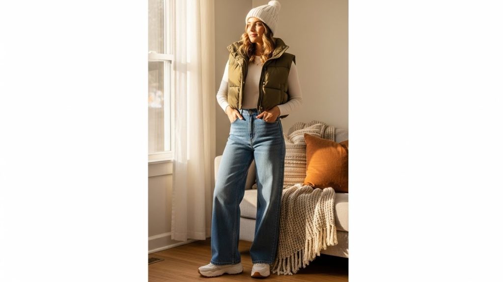 Wide Leg Jeans With a Cropped Puffer Vest