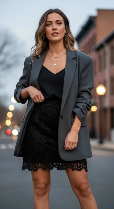 Black Lace Mini Skirt With an Oversized Blazer.jfif