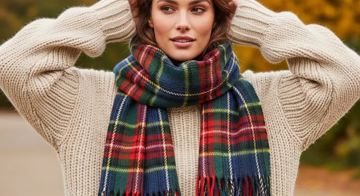 20 Best Edinburgh Outfits to Pack for Your Scotland Trip in 2026 3 Chunky Knit Sweater and Tartan Scarf.jfif