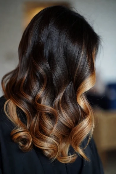 27 Highlights on Brown Hair Ideas for 2026 13 Glossy Caramel Highlights with Dark Espresso Roots