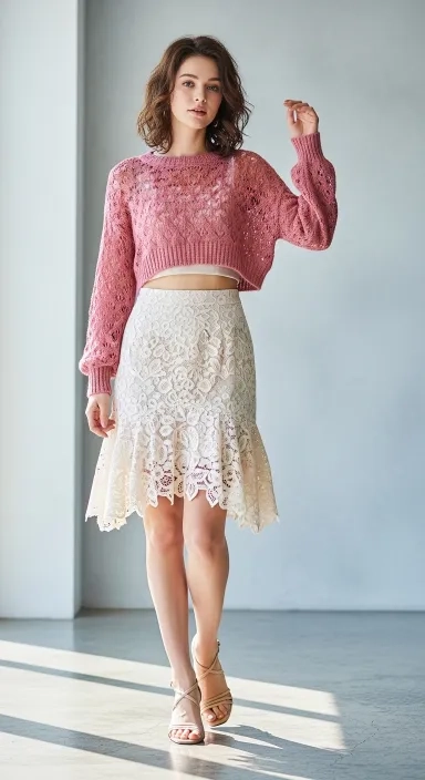Handkerchief-Hem Lace Skirt With a Cropped Knit.jfif