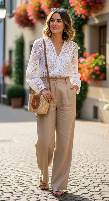 Lace Blouse With Linen Trousers for Spring Travel.jfif