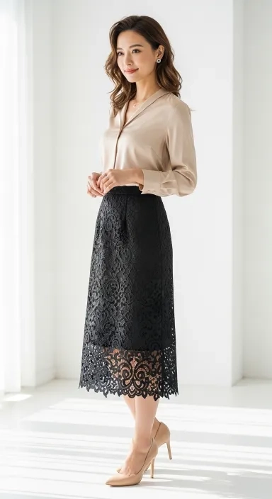 Lace Midi Skirt With a Tucked-In Silk Blouse.jfif