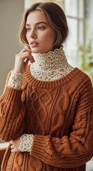 Lace Turtleneck Layered Under a Knit Sweater.jfif
