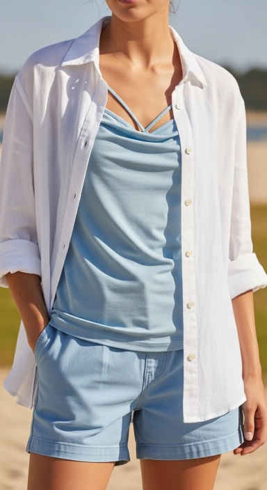 15 White Linen Shirt Outfits Every Woman Needs This Spring 2026 7 Open White Linen Shirt Over a Camisole and Shorts.jfif