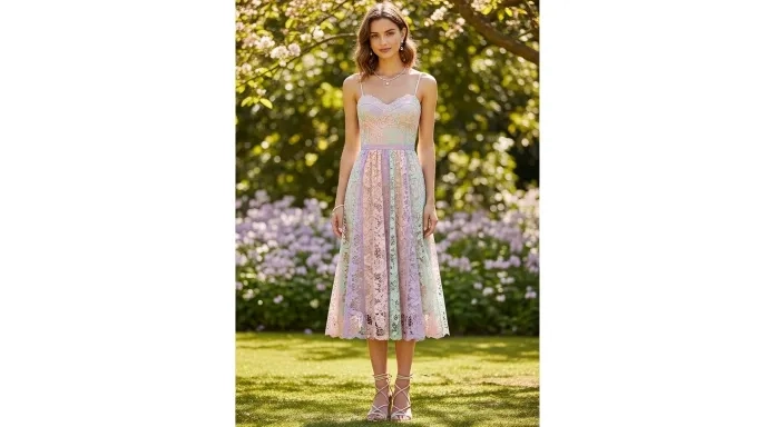 Pastel Lace Midi Dress With Strappy Sandals.jfif