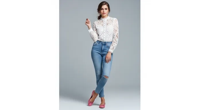 White Lace Blouse With Light-Wash Jeans and Ballet Flats.jfif