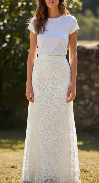 White Lace Maxi Skirt With a Simple Fitted White Tee.jfif
