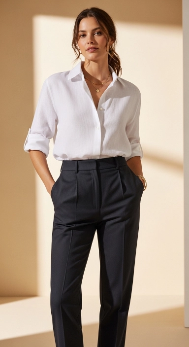 15 White Linen Shirt Outfits Every Woman Needs This Spring 2026 8 White Linen Shirt Tucked into Tailored Trousers.jfif