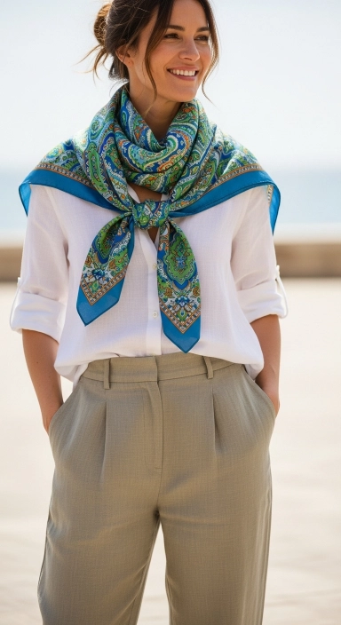 15 White Linen Shirt Outfits Every Woman Needs This Spring 2026 17 White Linen Shirt with Trousers and a Silk Scarf.jfif