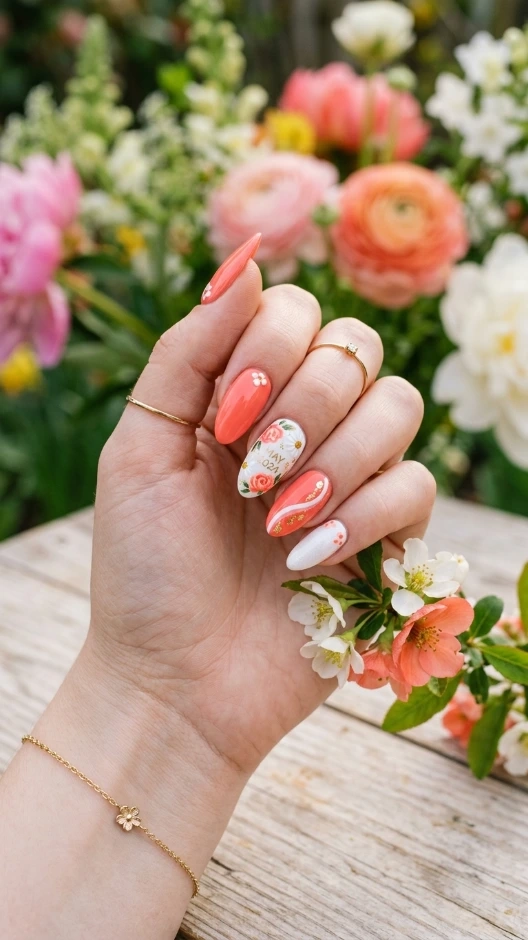 Coral and White May Nails