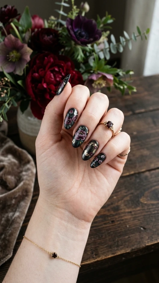 Dark Floral May Nails