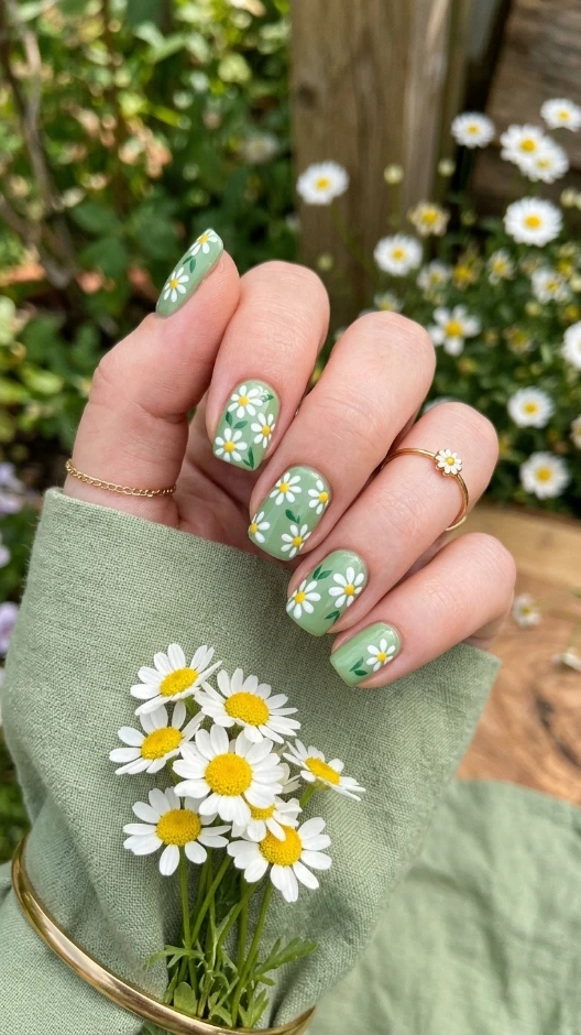 Green and White Daisy May Nails