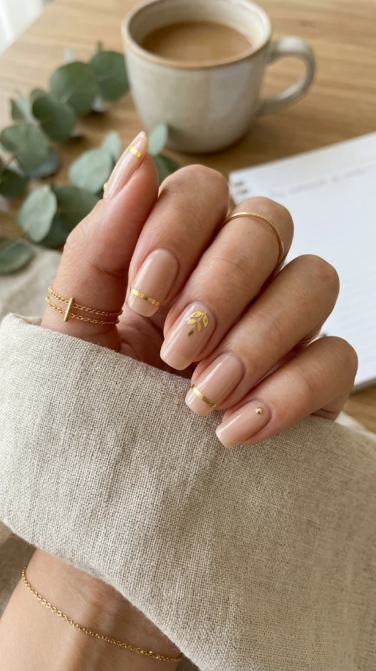 Nude With Gold Detail May Nails