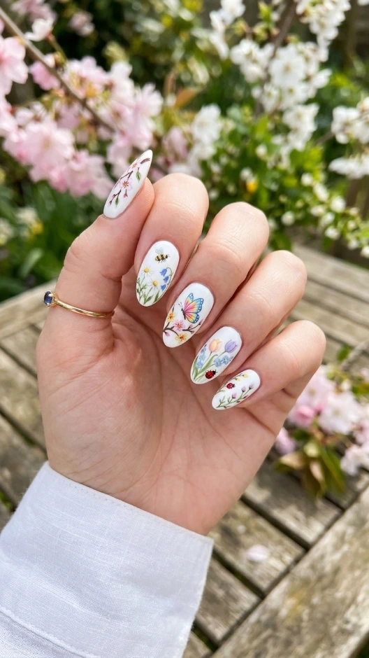 White Nails With Spring Details