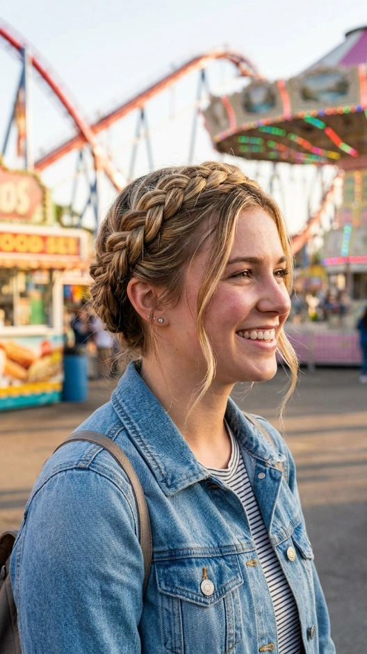 20 Hairstyles for Amusement Parks That Survive Rides and Heat 5 Braided Crown