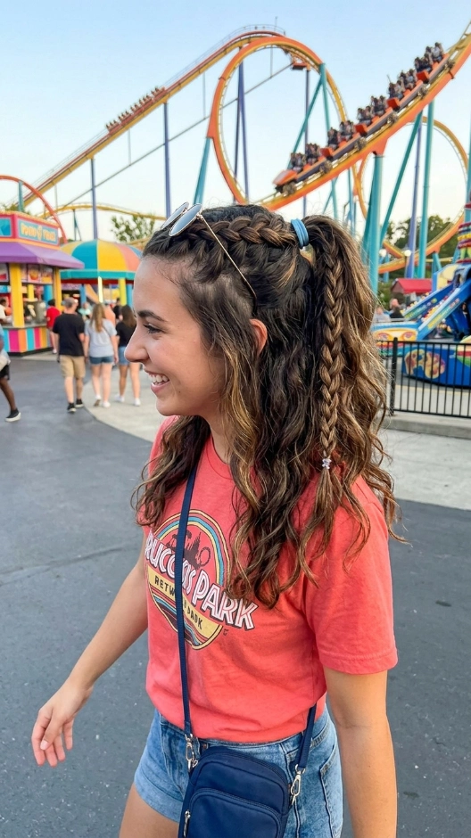 20 Hairstyles for Amusement Parks That Survive Rides and Heat 15 Braided Ponytail Combo