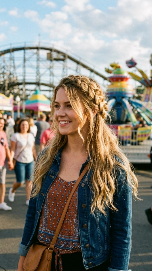 20 Hairstyles for Amusement Parks That Survive Rides and Heat 19 Crown Braid With Loose Ends