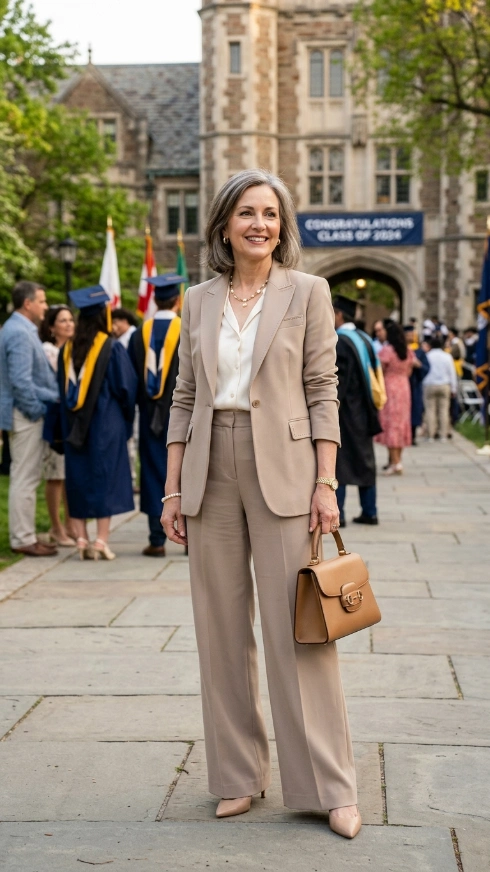 15 Graduation Outfits for Mom That Are Elegant, Proud, and Picture-Perfect 4 Elegant Pantsuit in a Neutral Tone