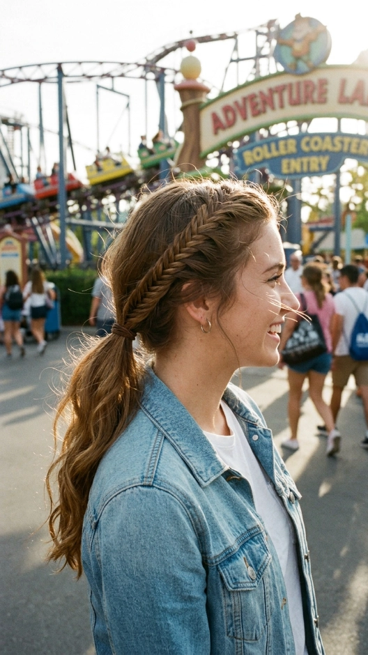 20 Hairstyles for Amusement Parks That Survive Rides and Heat 11 Fishtail Braid Side Ponytail
