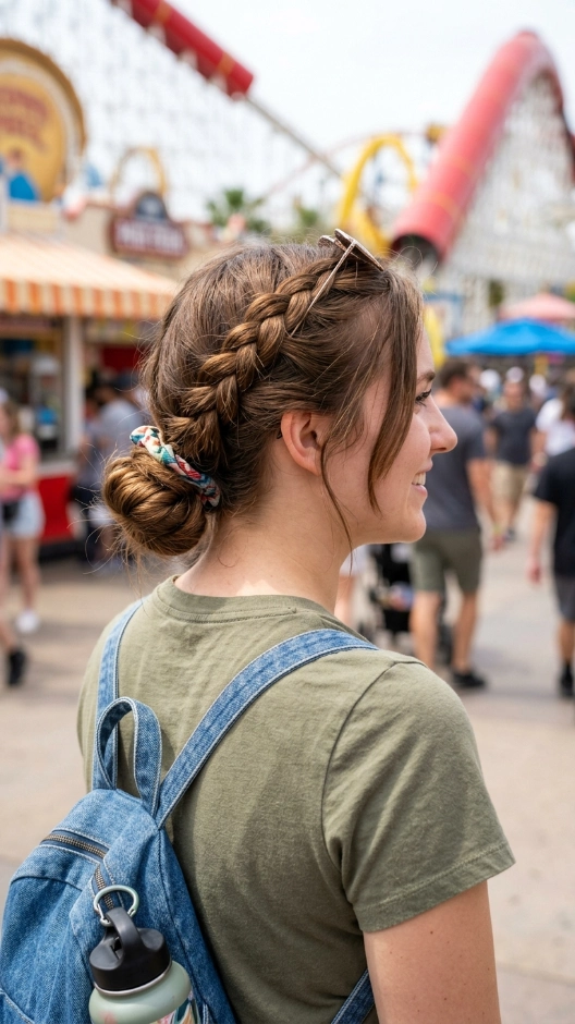 20 Hairstyles for Amusement Parks That Survive Rides and Heat 7 Low Braided Bun