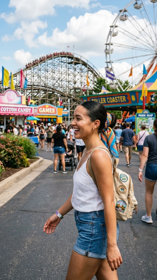 20 Hairstyles for Amusement Parks That Survive Rides and Heat 21 Slick Bun With Decorative Scarf