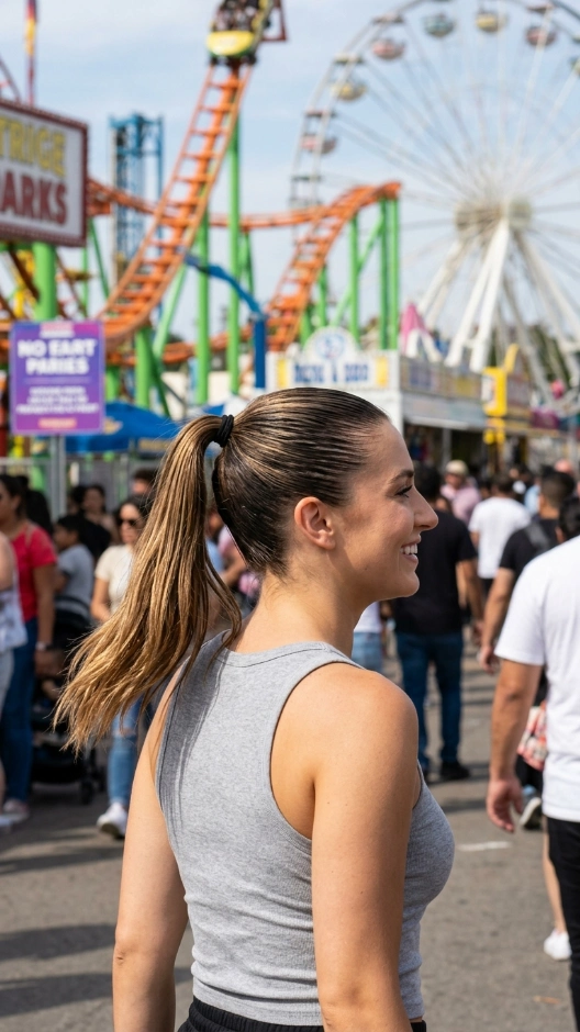 20 Hairstyles for Amusement Parks That Survive Rides and Heat 9 Slicked-Back Ponytail With Gel