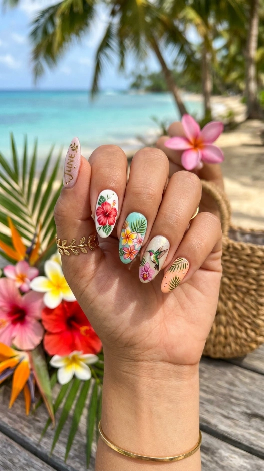 19 June Nails Ideas 2026 — Fresh, Bold, and Absolutely Beautiful 13 Tropical Flower June Nails