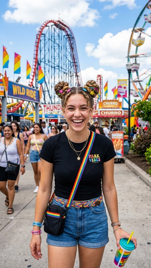 20 Hairstyles for Amusement Parks That Survive Rides and Heat 17 Twisted Space Buns