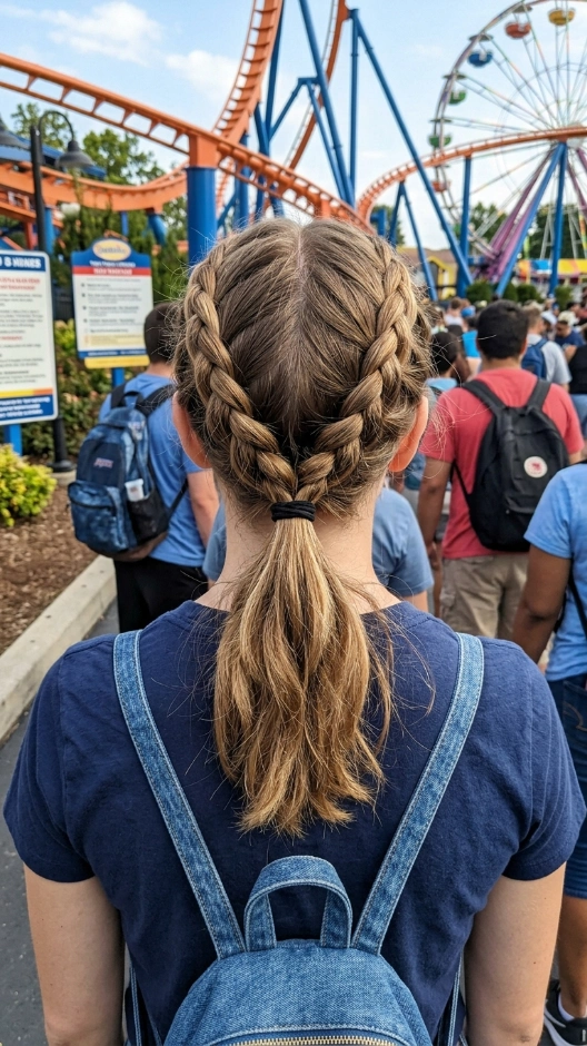 20 Hairstyles for Amusement Parks That Survive Rides and Heat 13 Two French Braids Into One Low Ponytail