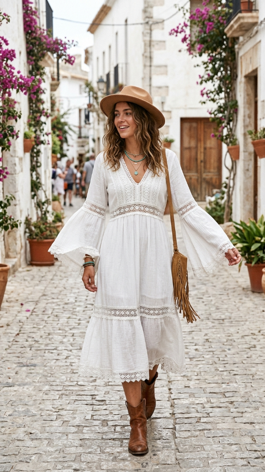 White Boho Dress With Bell Sleeves