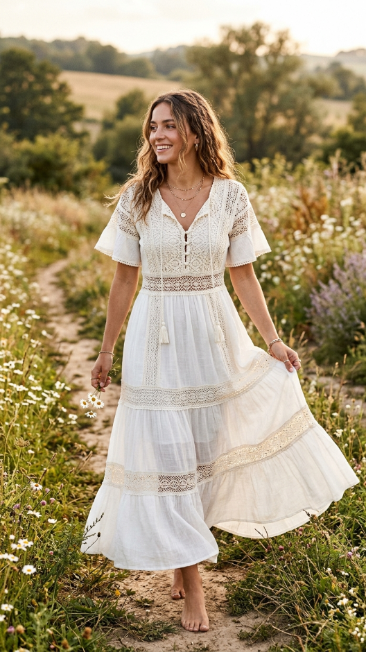White Boho Dress With Crochet Details