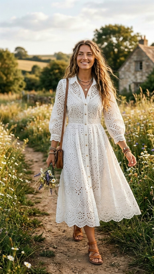 White Boho Dress With Eyelet Fabric