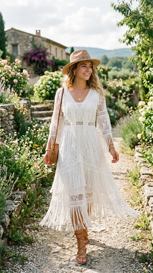 White Boho Dress With Fringe