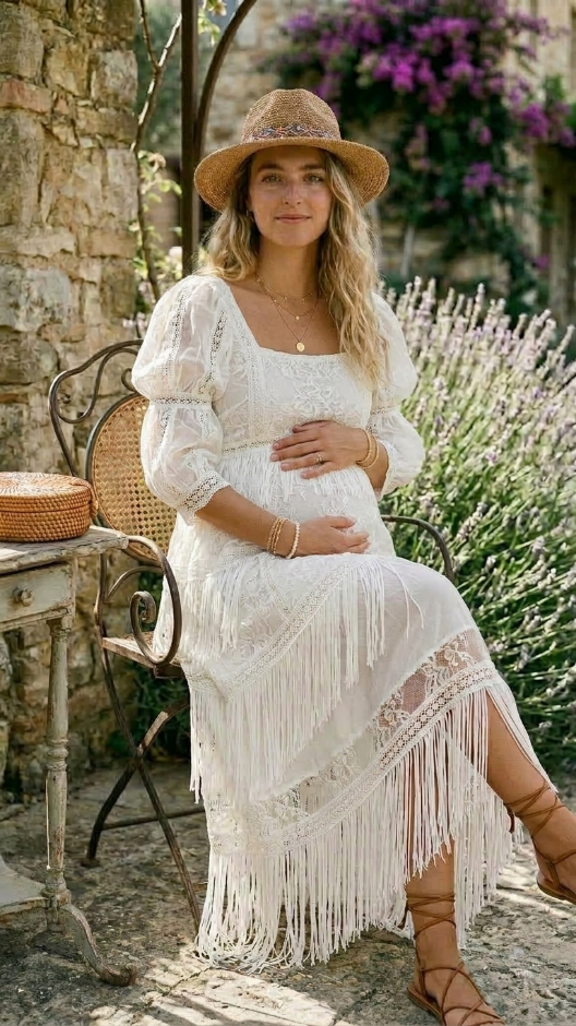 White Boho Dress With Puff Sleeves