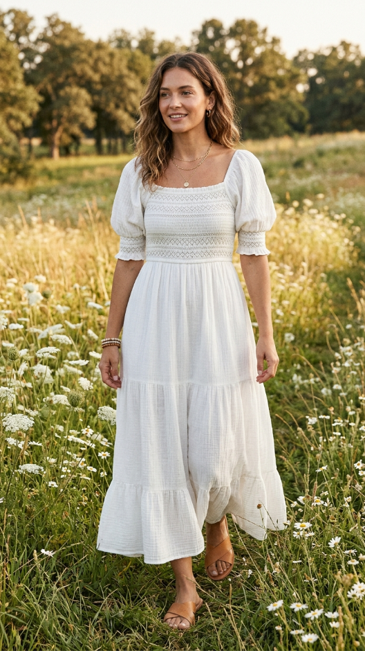 White Boho Dress With Smocking