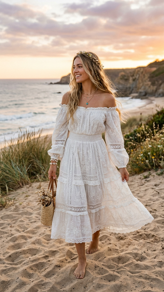White Boho Off-Shoulder Dress