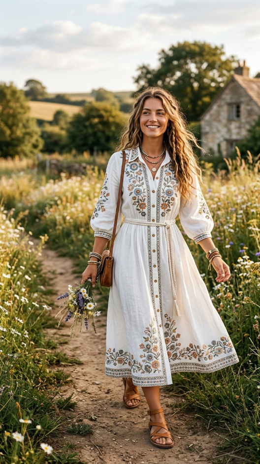 White Boho Shirt Dress With Embroidery