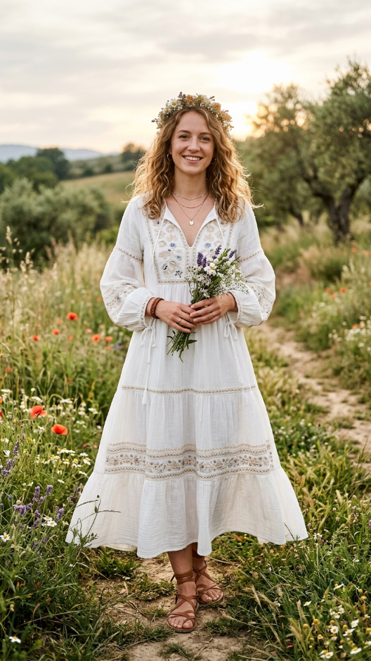 White Embroidered Boho Dress