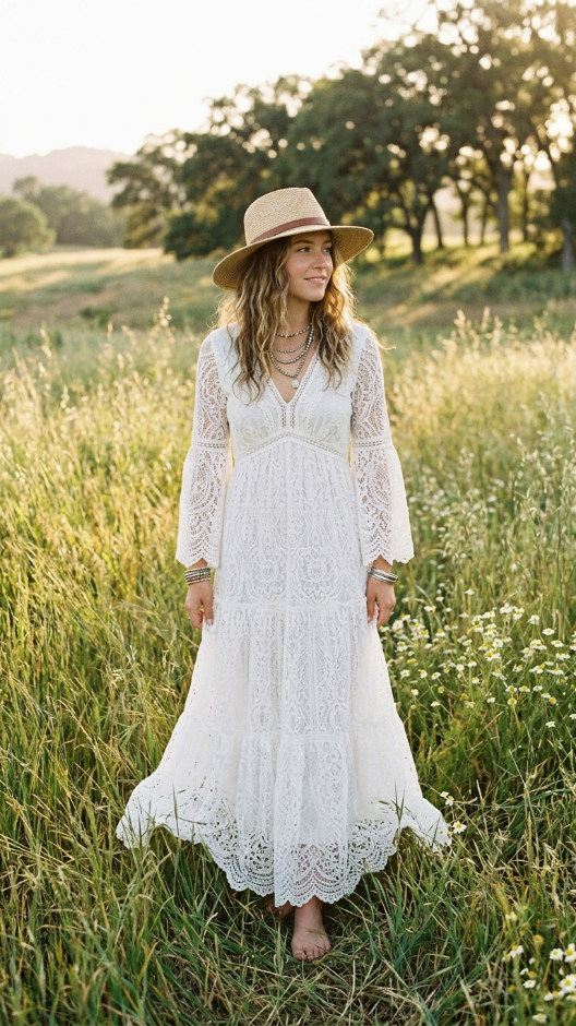White Lace Maxi Boho Dress