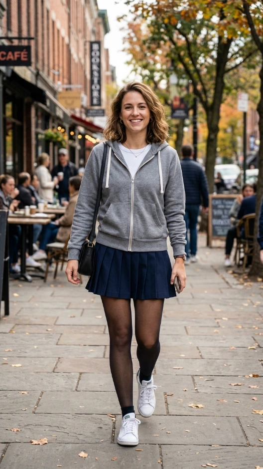 15 Zip Up Hoodie Outfit Ideas 2026 | Cozy, Cool, and Surprisingly Stylish 16 Zip Up Hoodie With a Pleated Mini Skirt