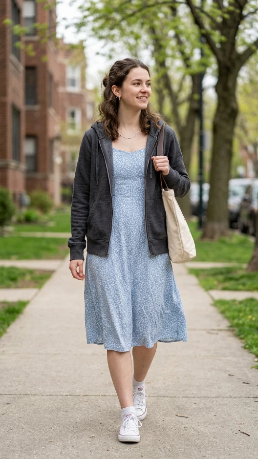15 Zip Up Hoodie Outfit Ideas 2026 | Cozy, Cool, and Surprisingly Stylish 5 Zip Up Hoodie as a Jacket Over a Sundress